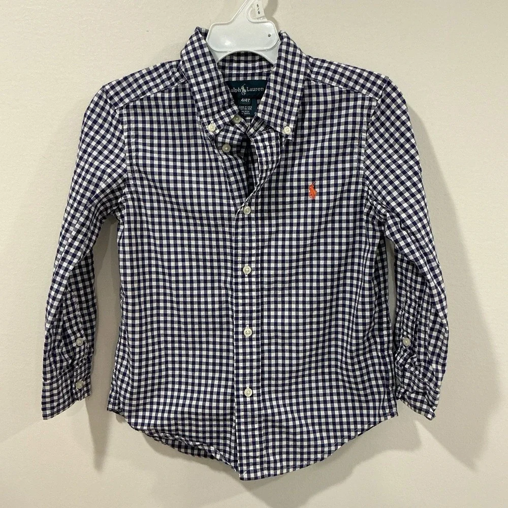 Ralph Lauren Boys Button Down Shirt Lot Of 2 Long Sleeve Sz 4 4T Striped Gingham